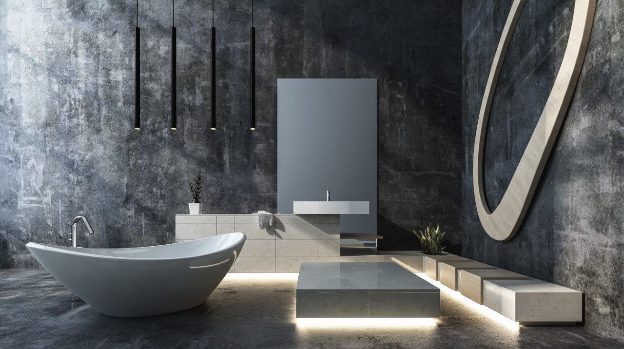 Modernes Badezimmer mit freistehender Badewanne und Betonoptik